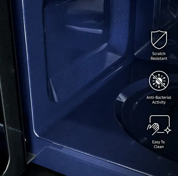 Ausschnitt Innenraum Mikrowelle mit Symbolen Scratch Resistant, Anti-Bacterial Activity und Easy to clean
